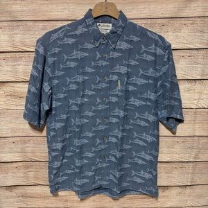 Columbia Shark All‎ Over Print Shirt Men Large Camp Hawaiian Fishing Blue Cotton